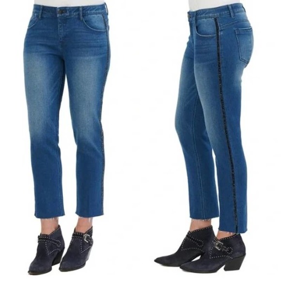 Democracy Denim - Democracy Ab Solution Tuxedo Stripe Slim Straight Jeans 10 Raw Hem Denim Blue